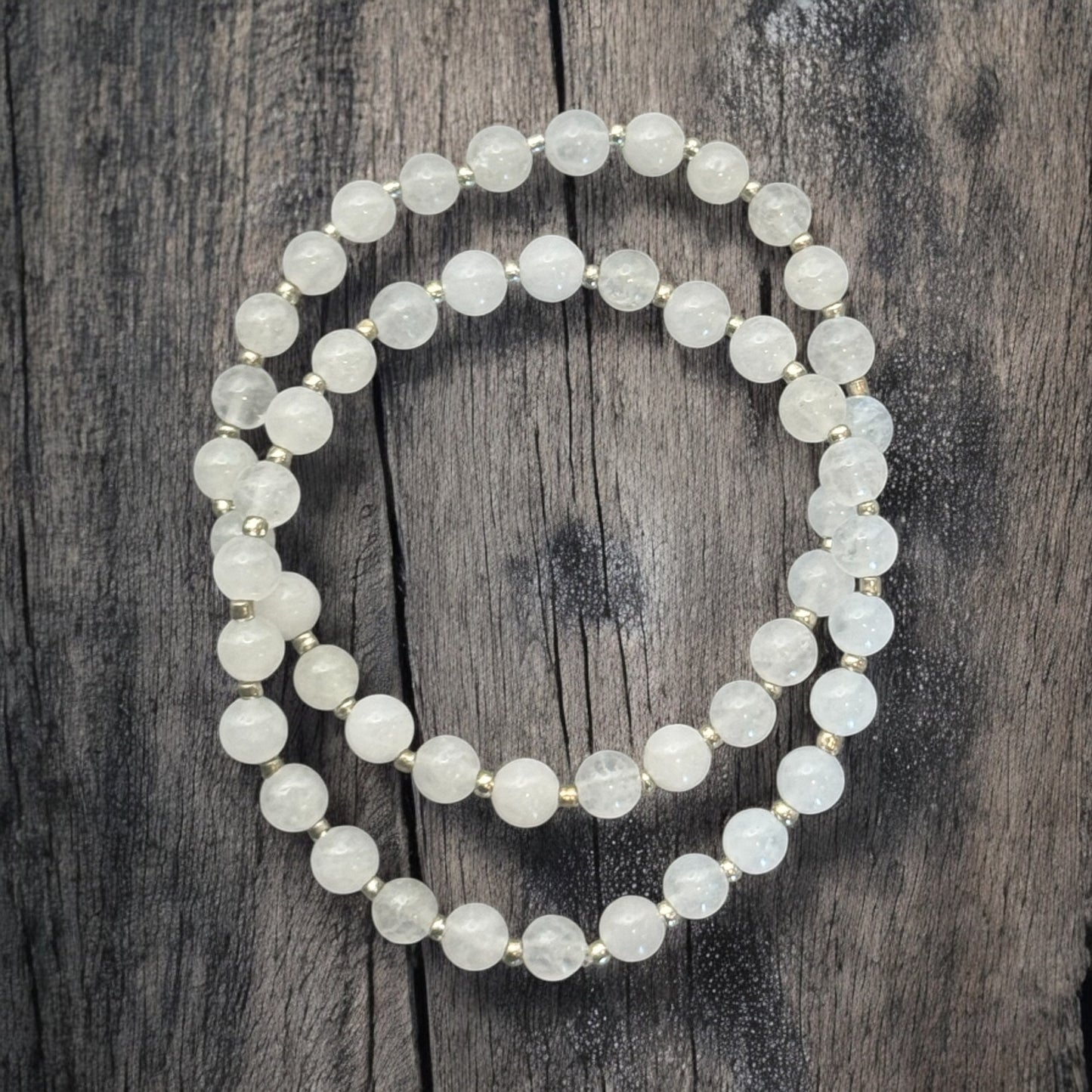 White/Clear Quartz Crystal 6mm Beaded Stretch Bracelet